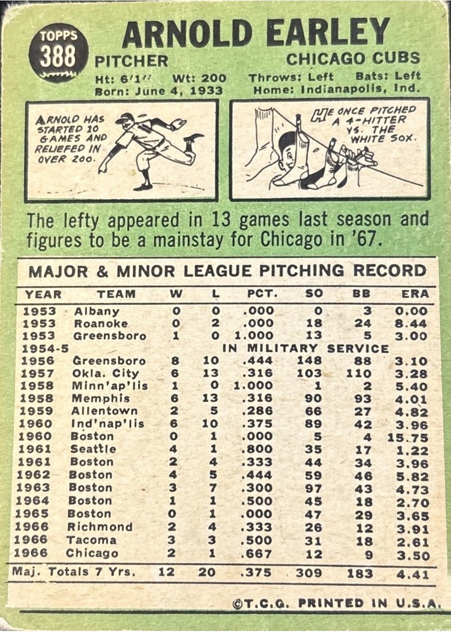 1967 Topps #388 Arnold Earley card back