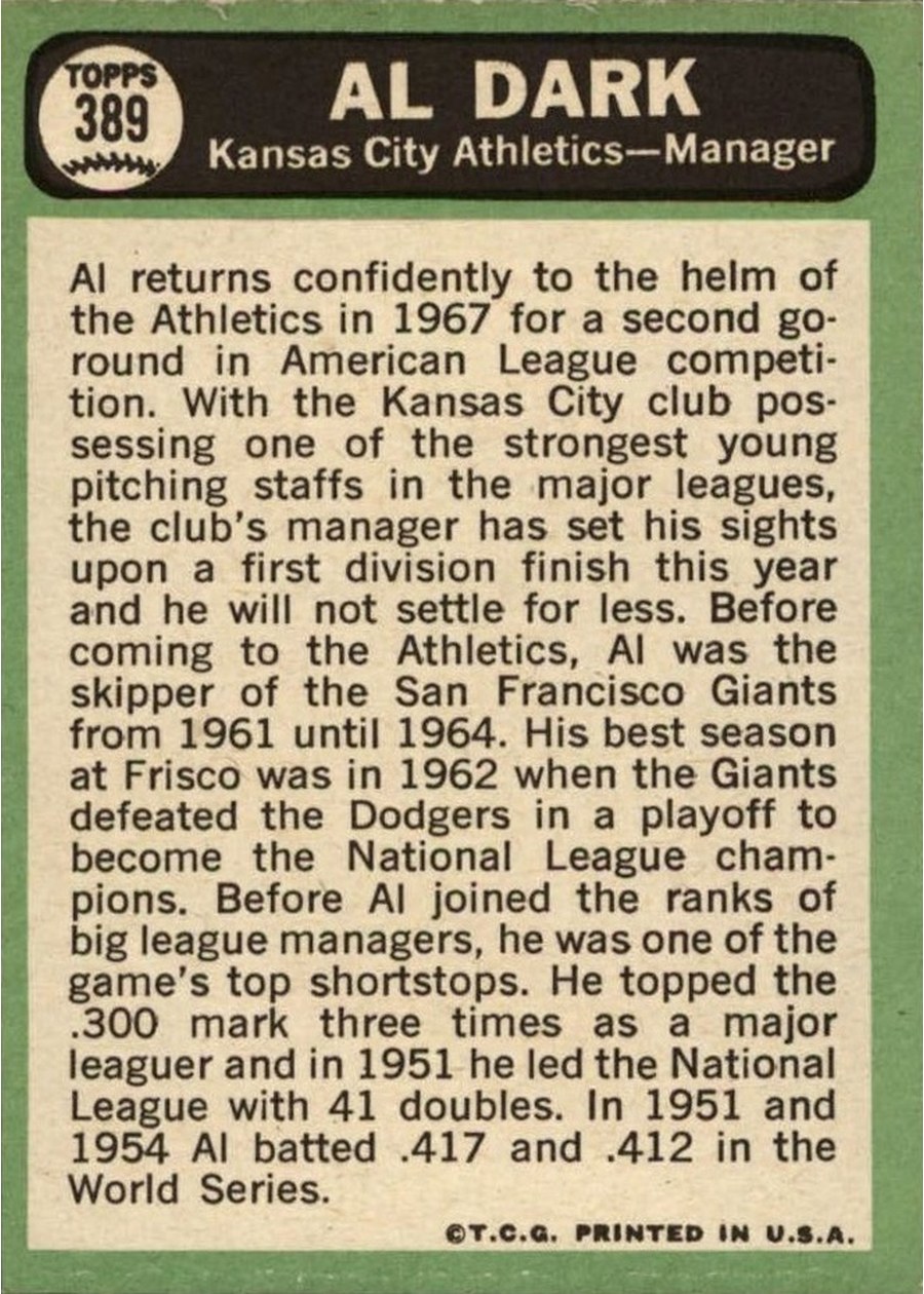 1967 Topps #389 Al Dark card back