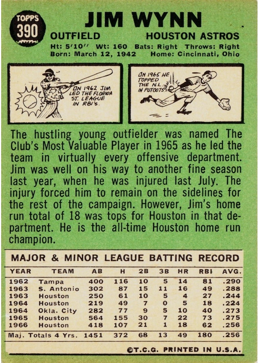 1967 Topps #390 Jim Wynn card back