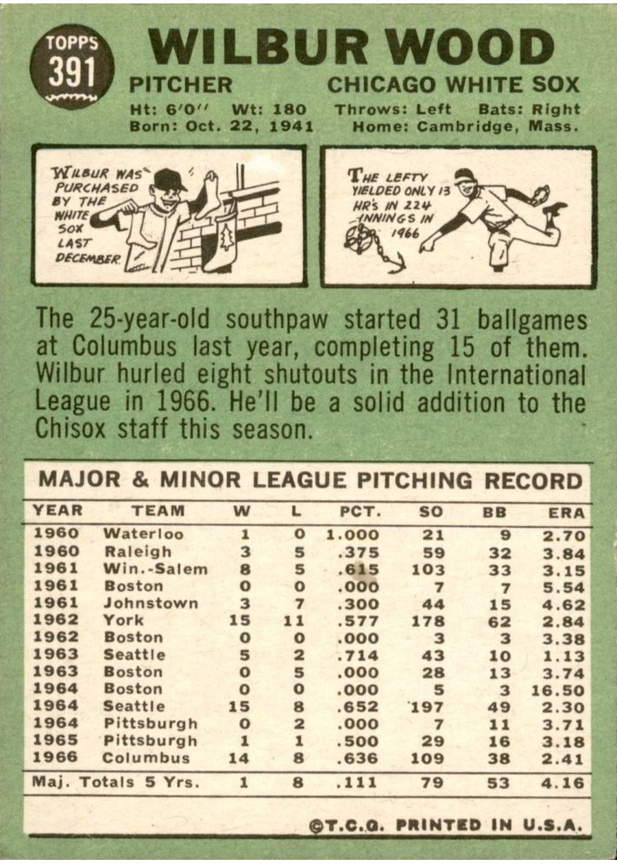 1967 Topps #391 Wilbur Wood card back