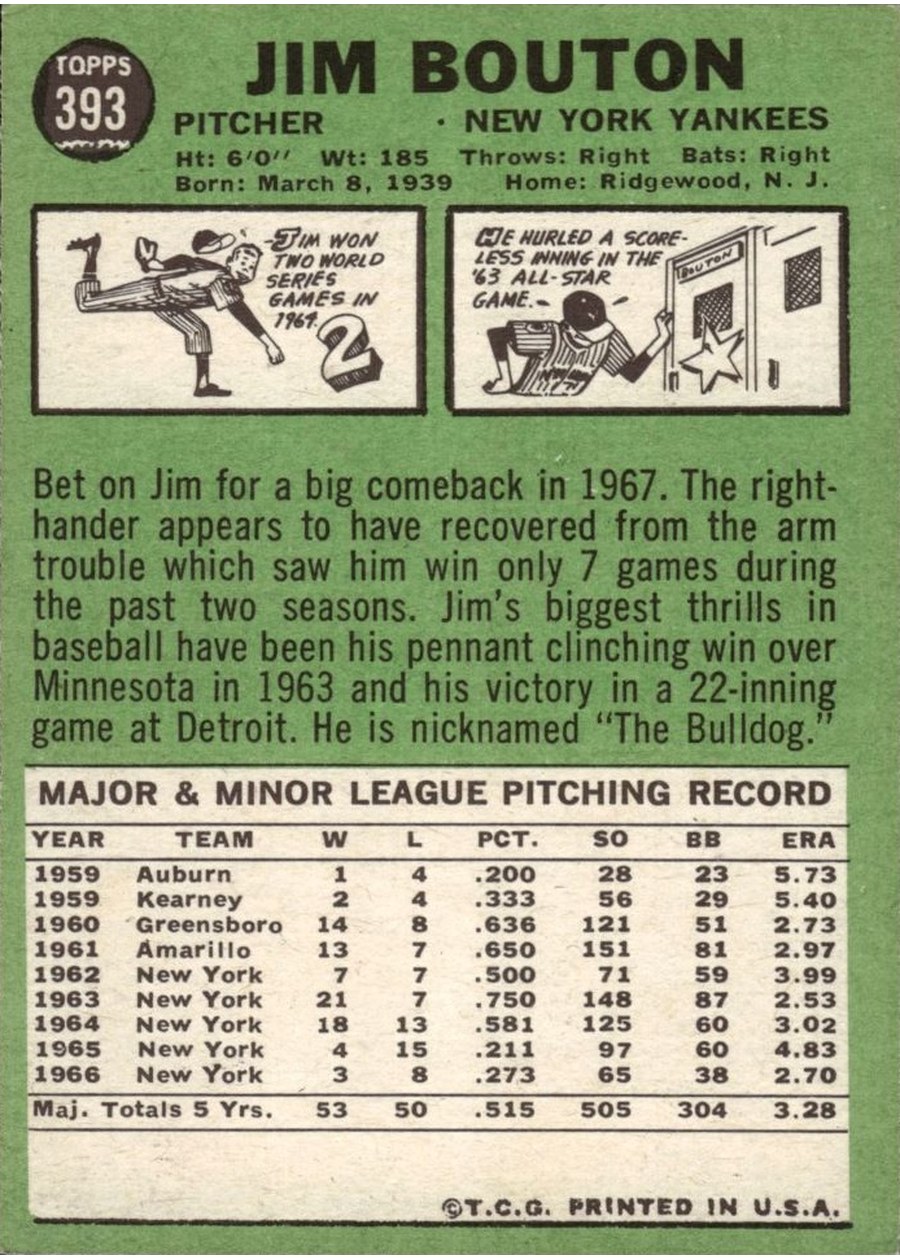 1967 Topps #393 Jim Bouton card back
