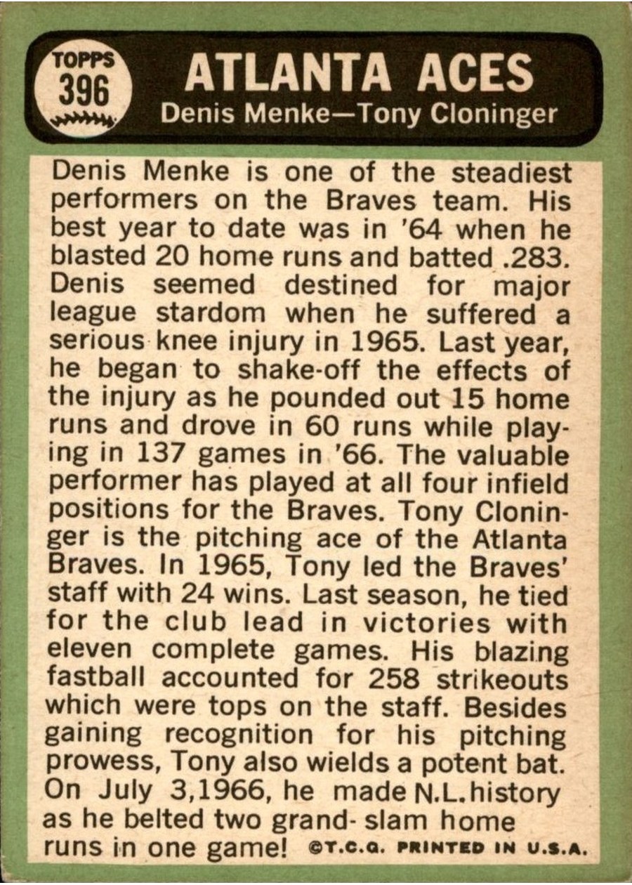 1967 Topps #396 Atlanta Aces card back