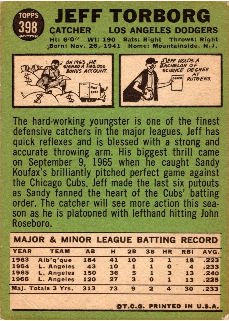 1967 Topps #398 Jeff Torborg card back