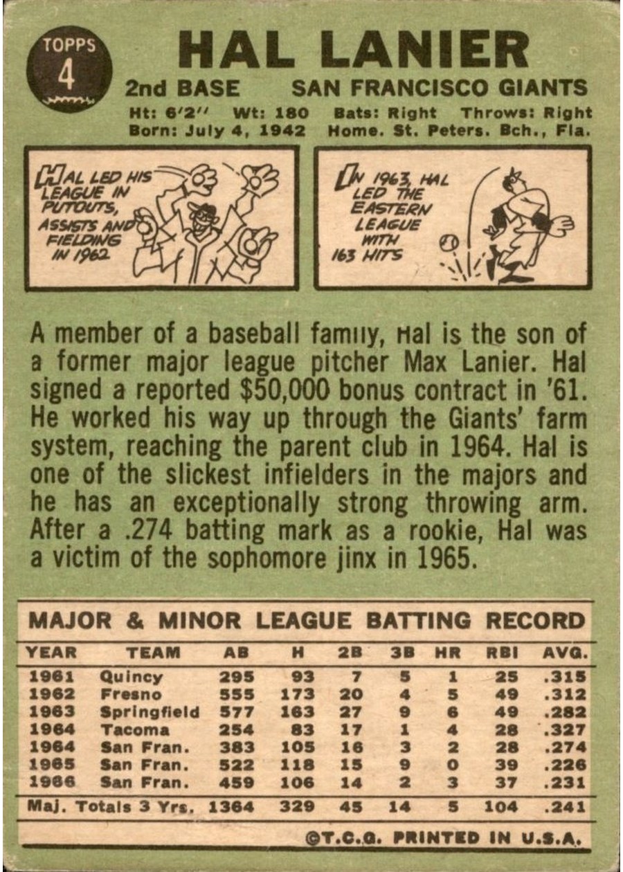 1967 Topps #4 Hal Lanier card back