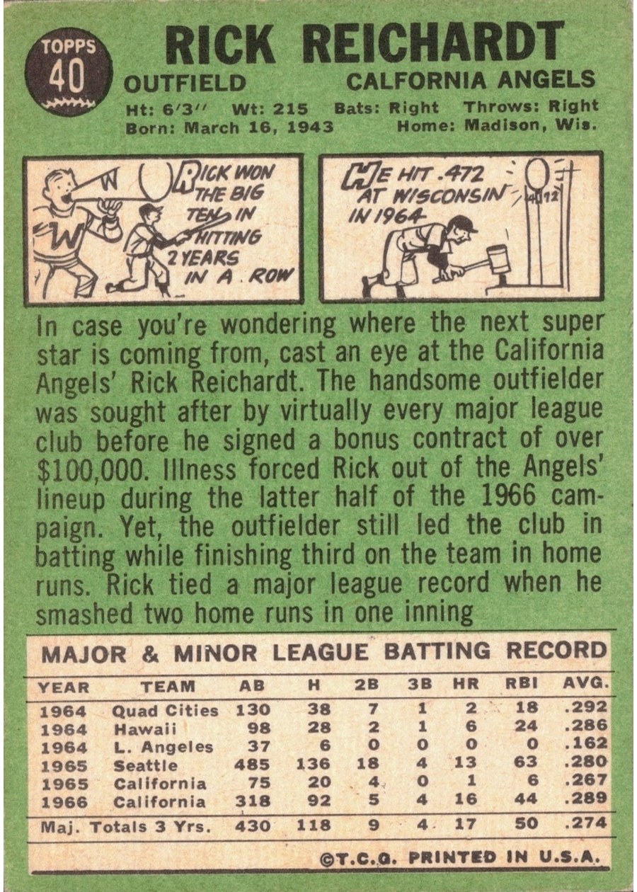1967 Topps #40 Rick Reichardt card back