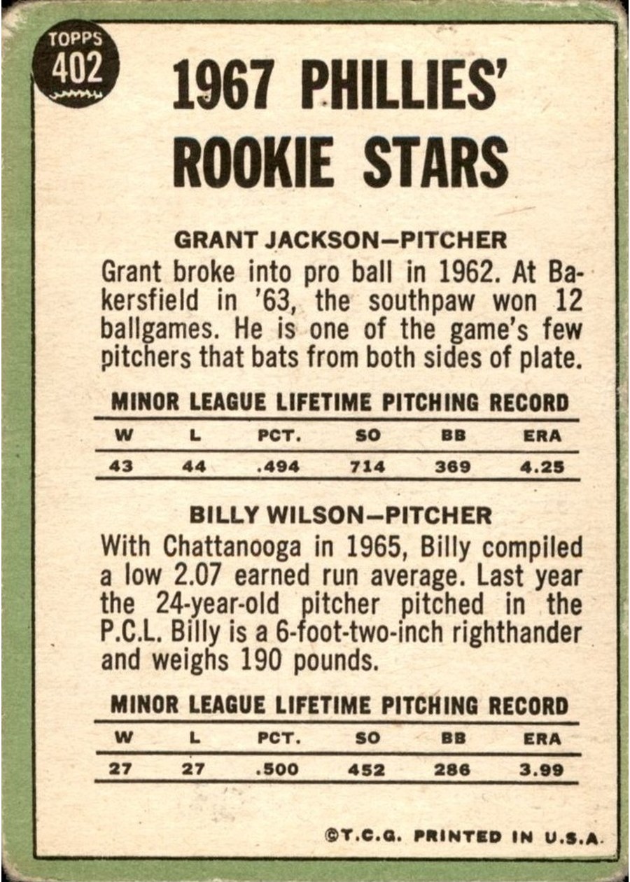 1967 Topps #402 Phillies 1967 Rookie Stars card back