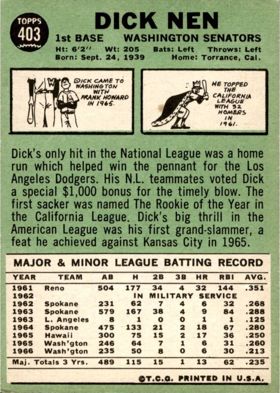 1967 Topps #403 Dick Nen card back