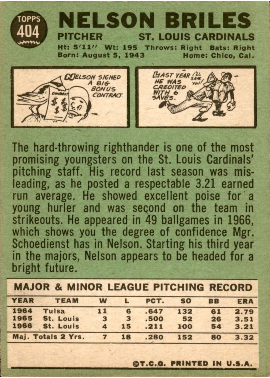 1967 Topps #404 Nelson Briles card back