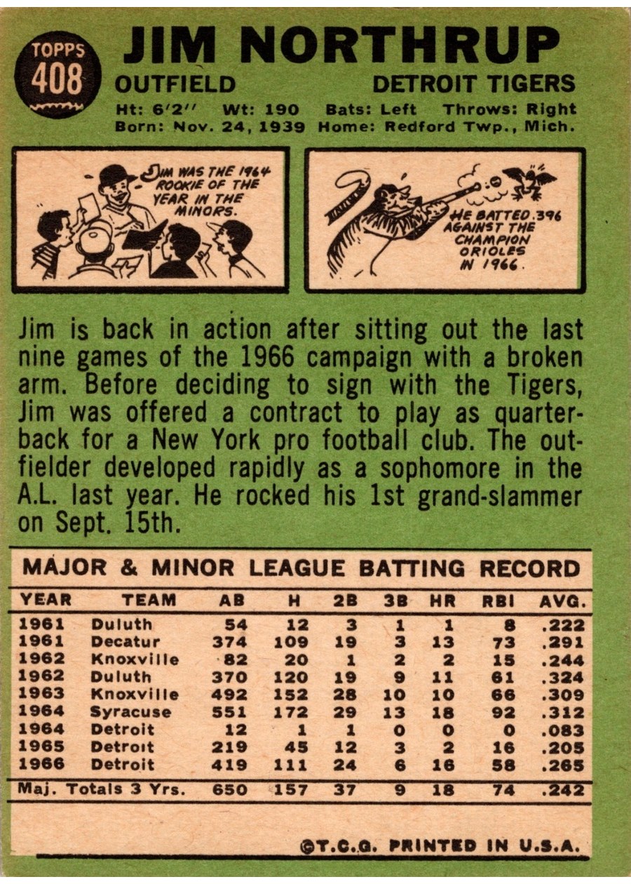 1967 Topps #408 Jim Northrup card back