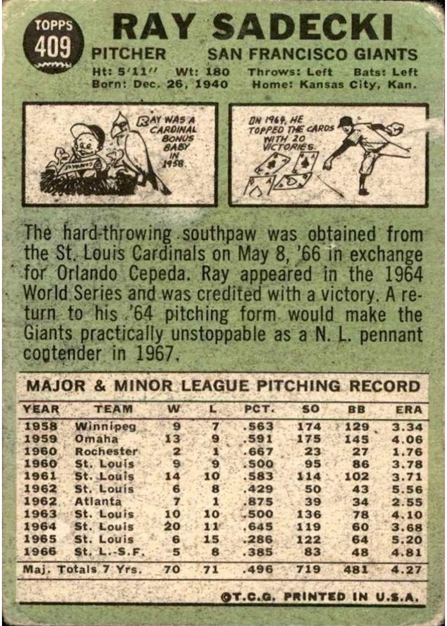 1967 Topps #409 Ray Sadecki card back