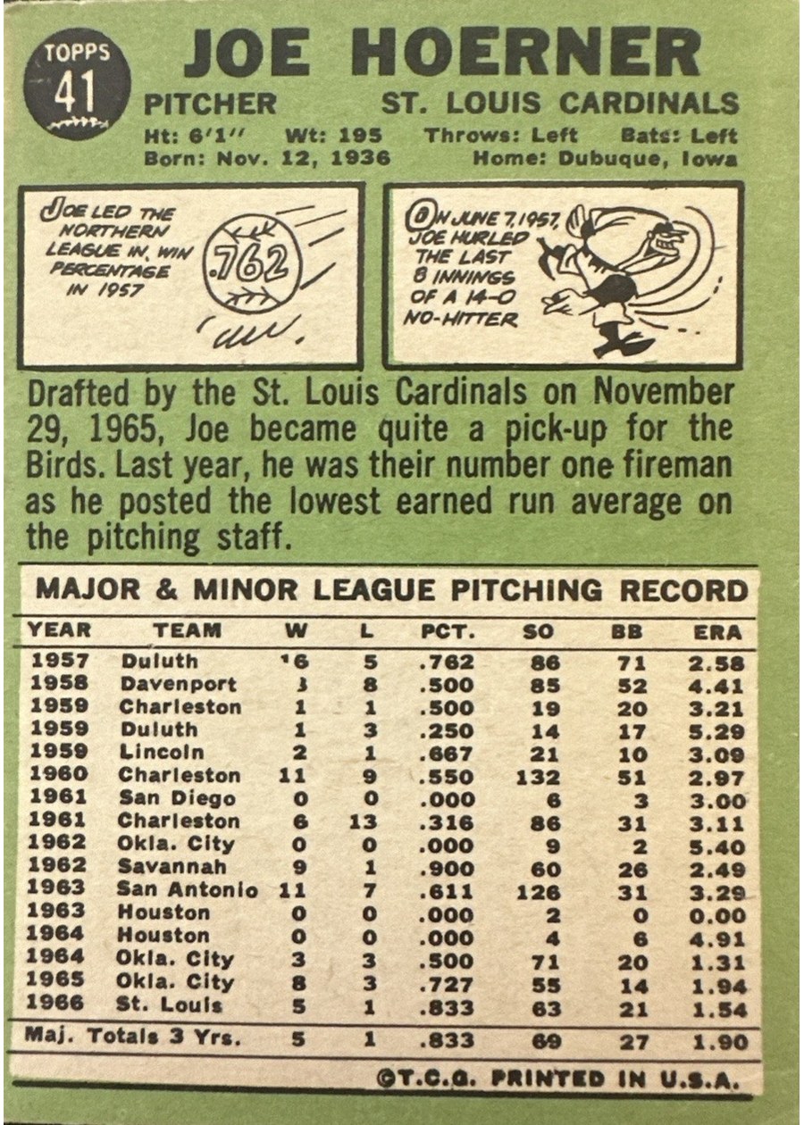 1967 Topps #41 Joe Hoerner card back