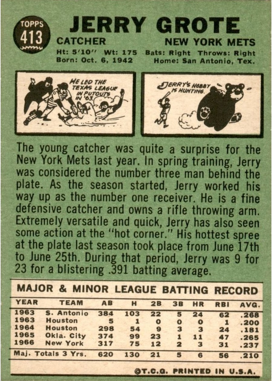 1967 Topps #413 Jerry Grote card back