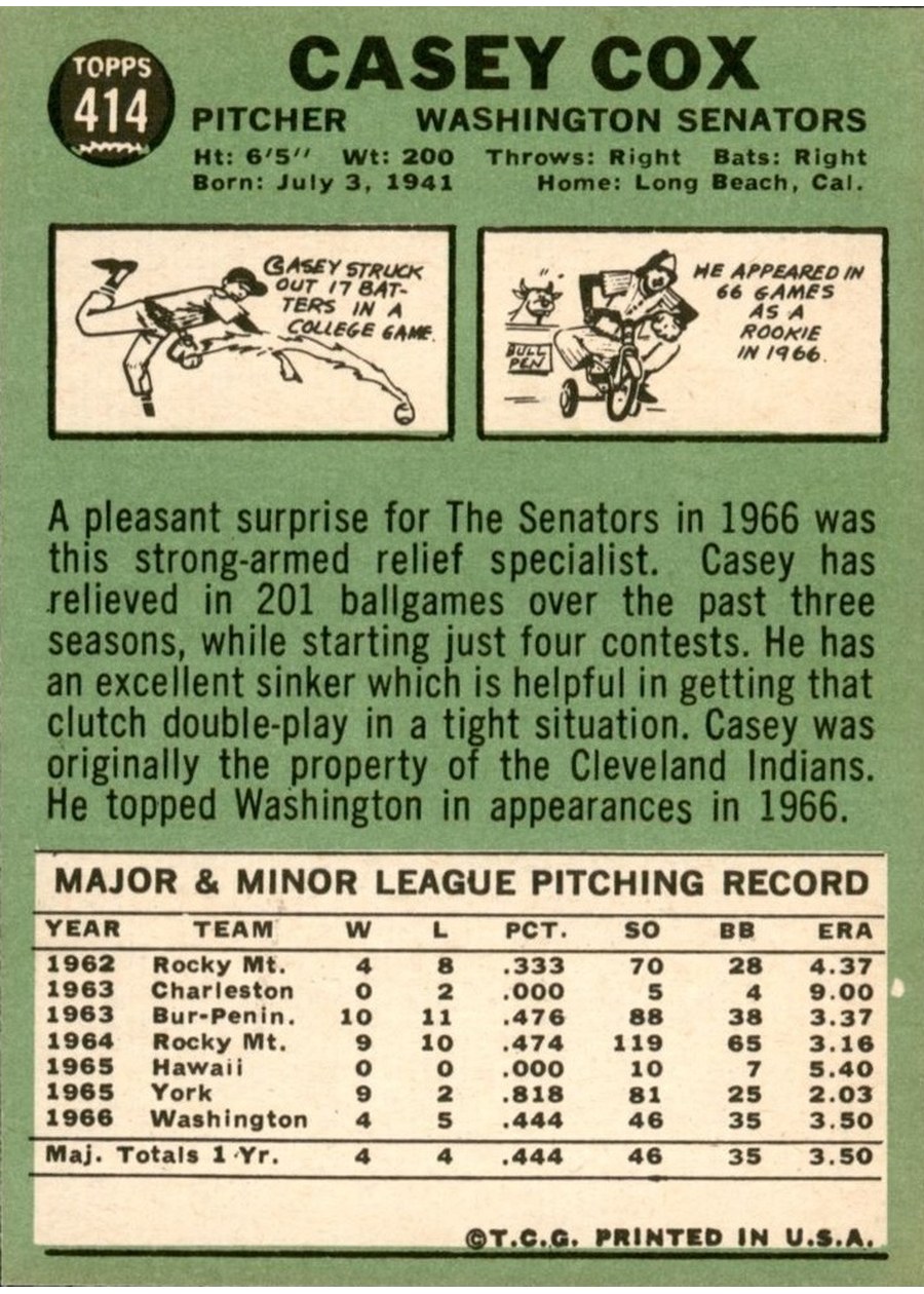 1967 Topps #414 Casey Cox card back