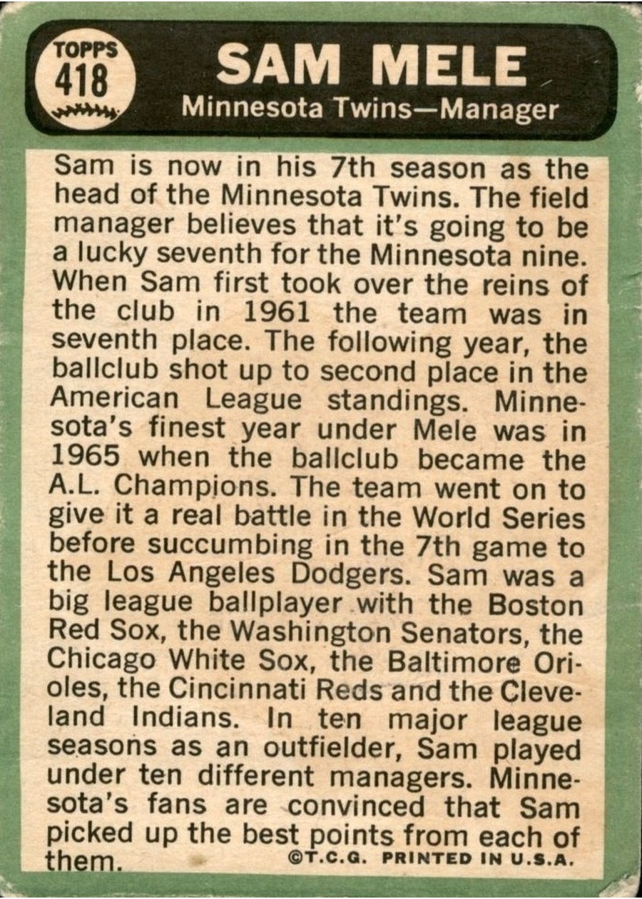 1967 Topps #418 Sam Mele card back