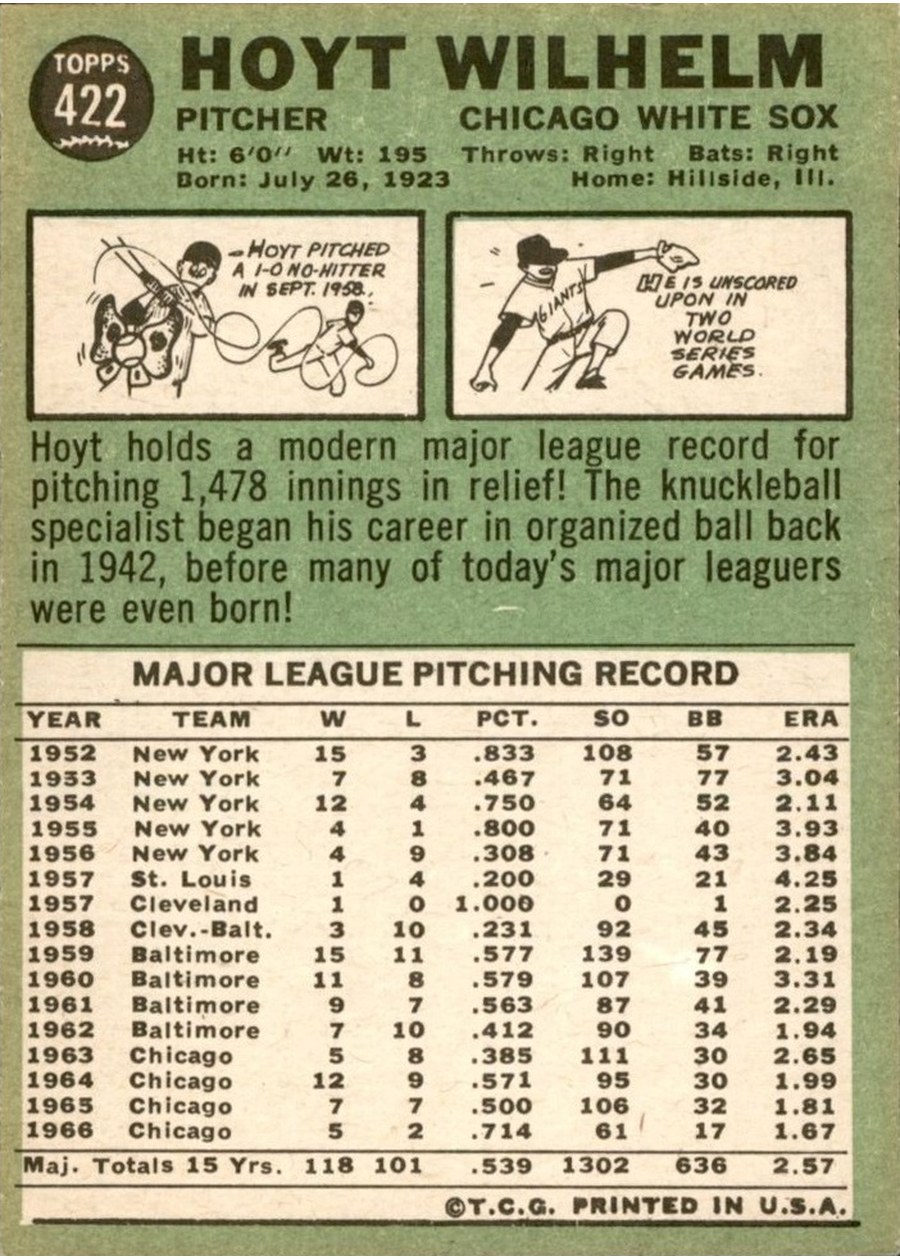 1967 Topps #422 Hoyt Wilhelm card back