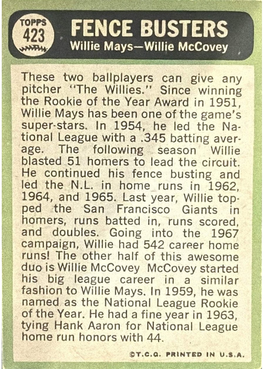 1967 Topps #423 Fence Busters card back