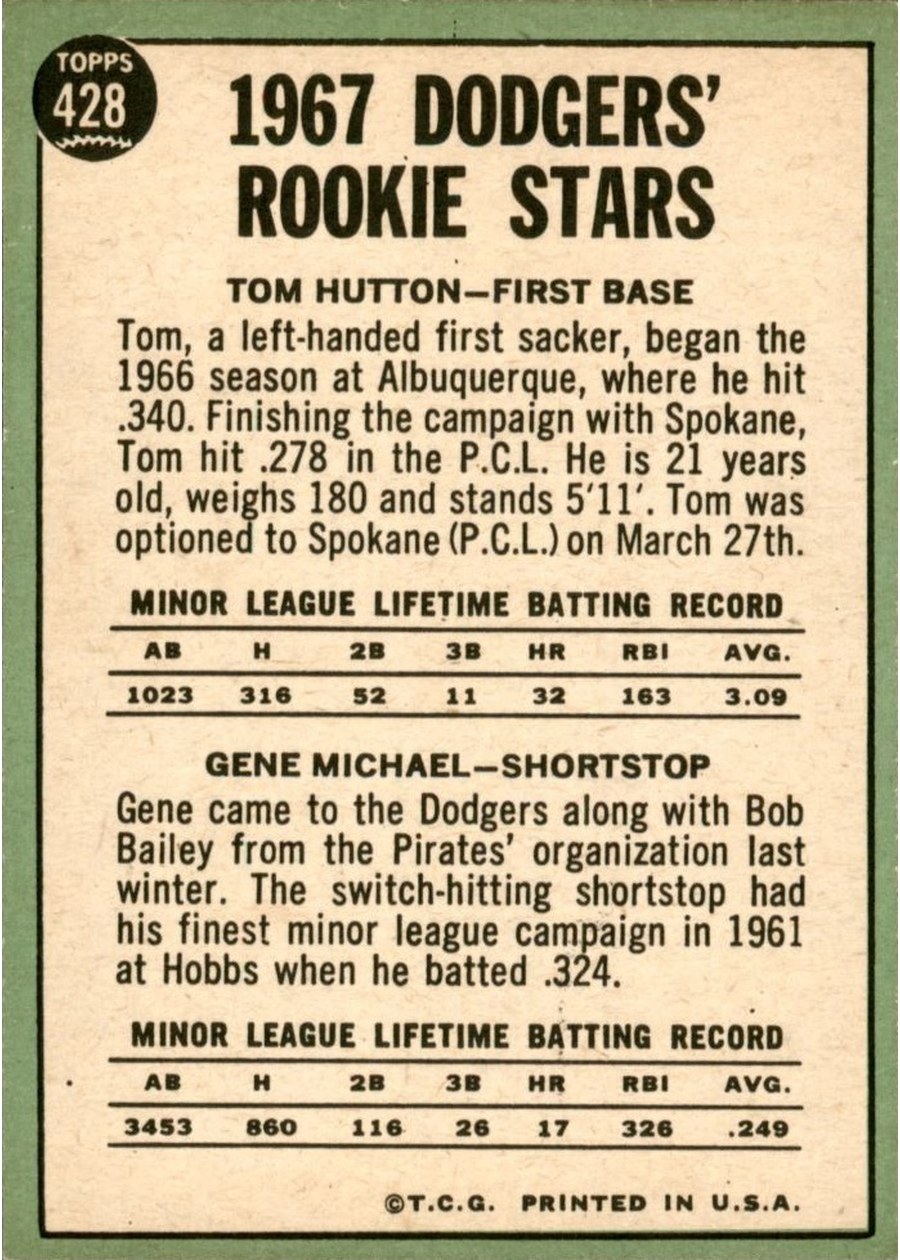 1967 Topps #428 Dodgers 1967 Rookie Stars card back
