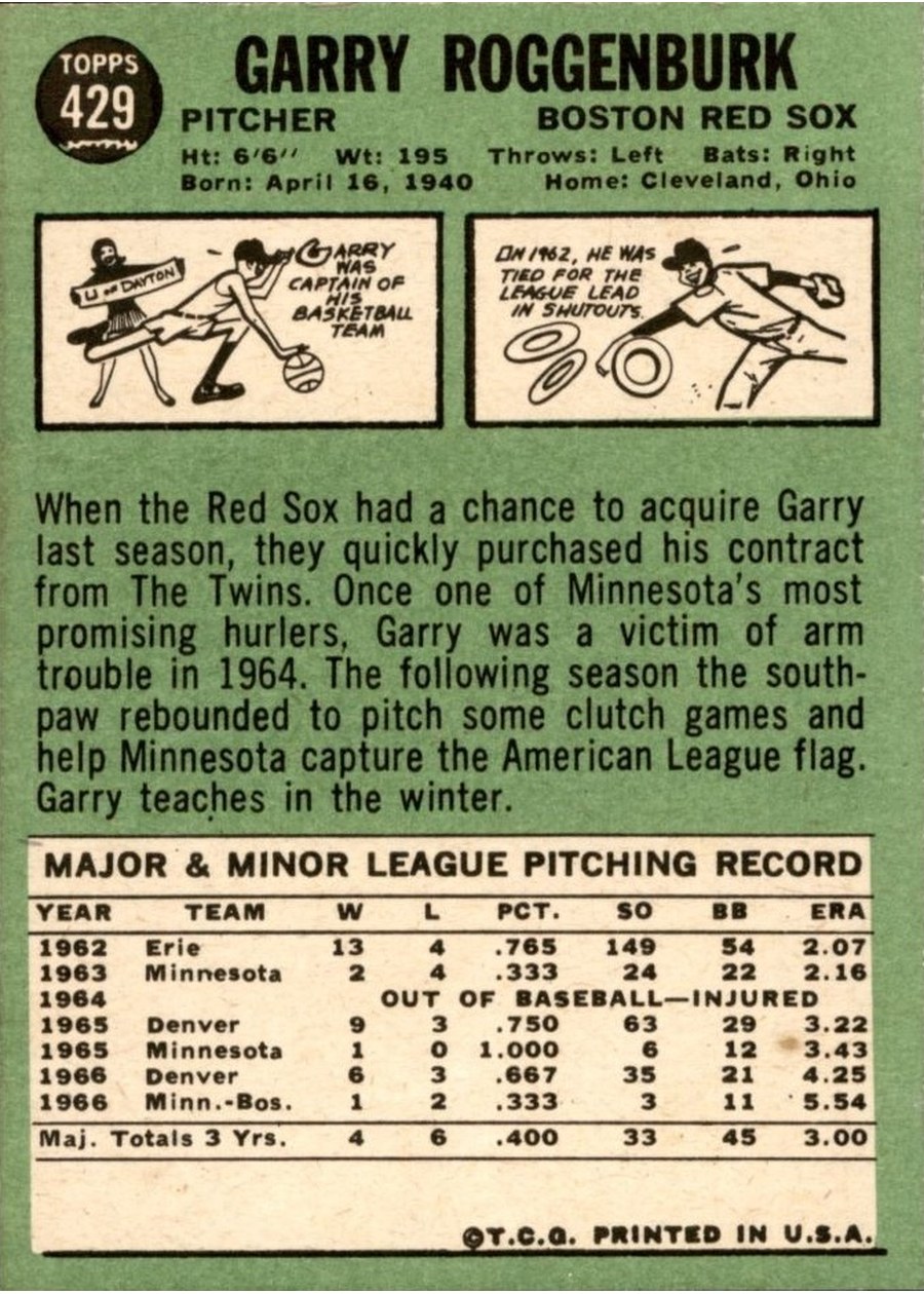 1967 Topps #429 Garry Roggenburk card back