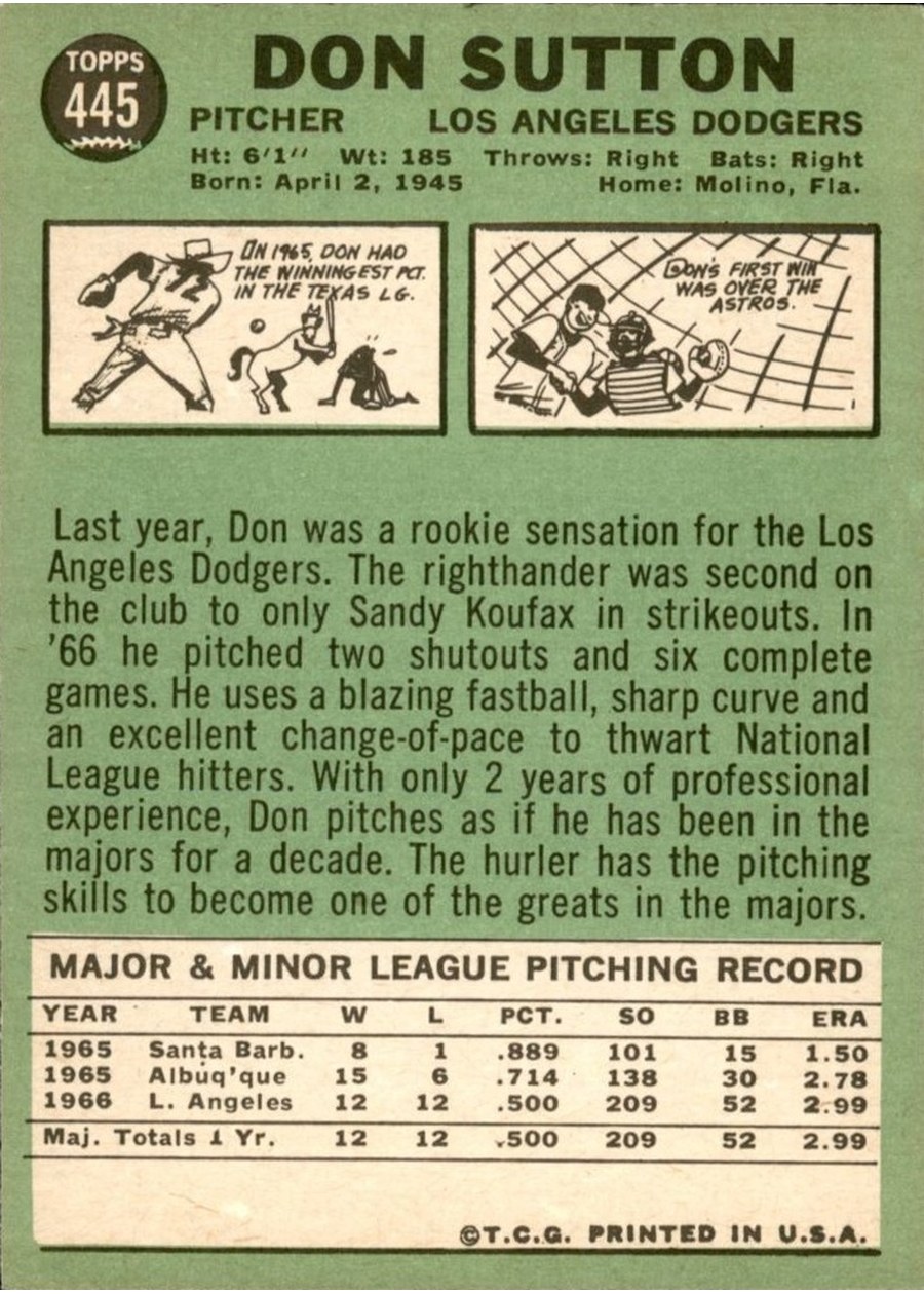 1967 Topps #445 Don Sutton card back