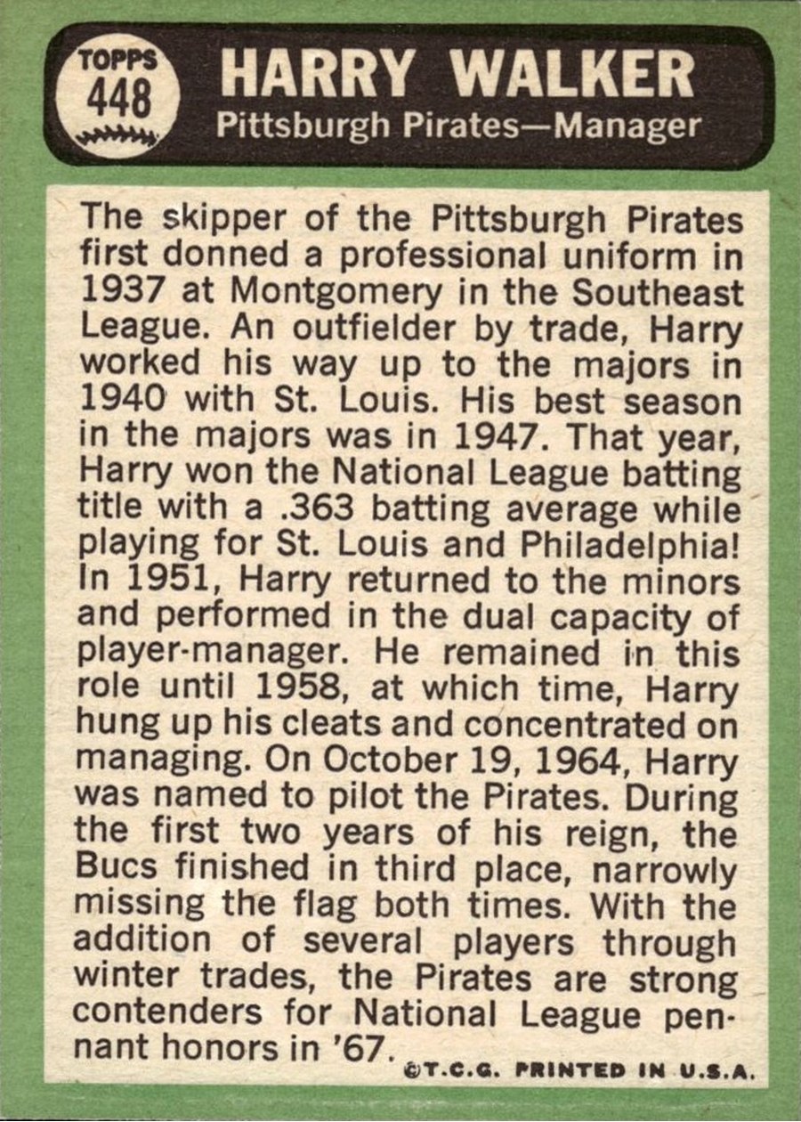 1967 Topps #448 Harry Walker card back