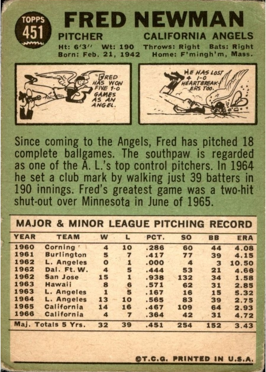 1967 Topps #451 Fred Newman card back