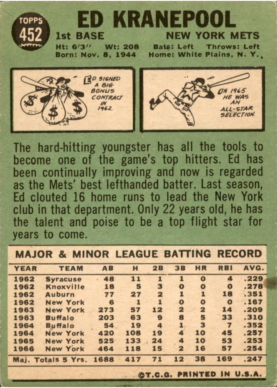 1967 Topps #452 Ed Kranepool card back
