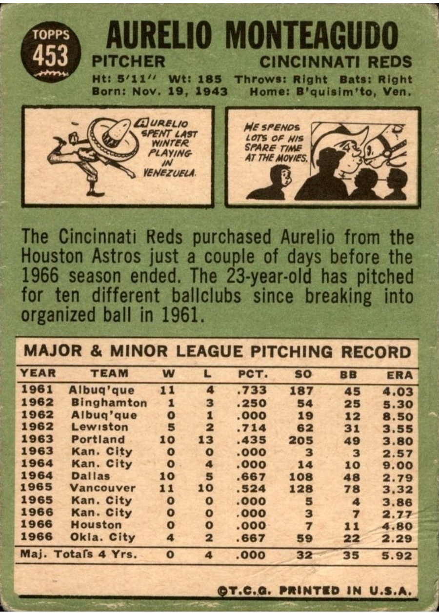 1967 Topps #453 Aurelio Monteagudo card back