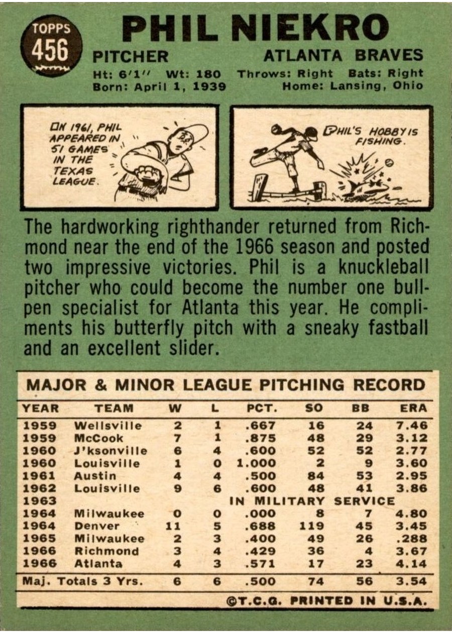 1967 Topps #456 Phil Niekro card back