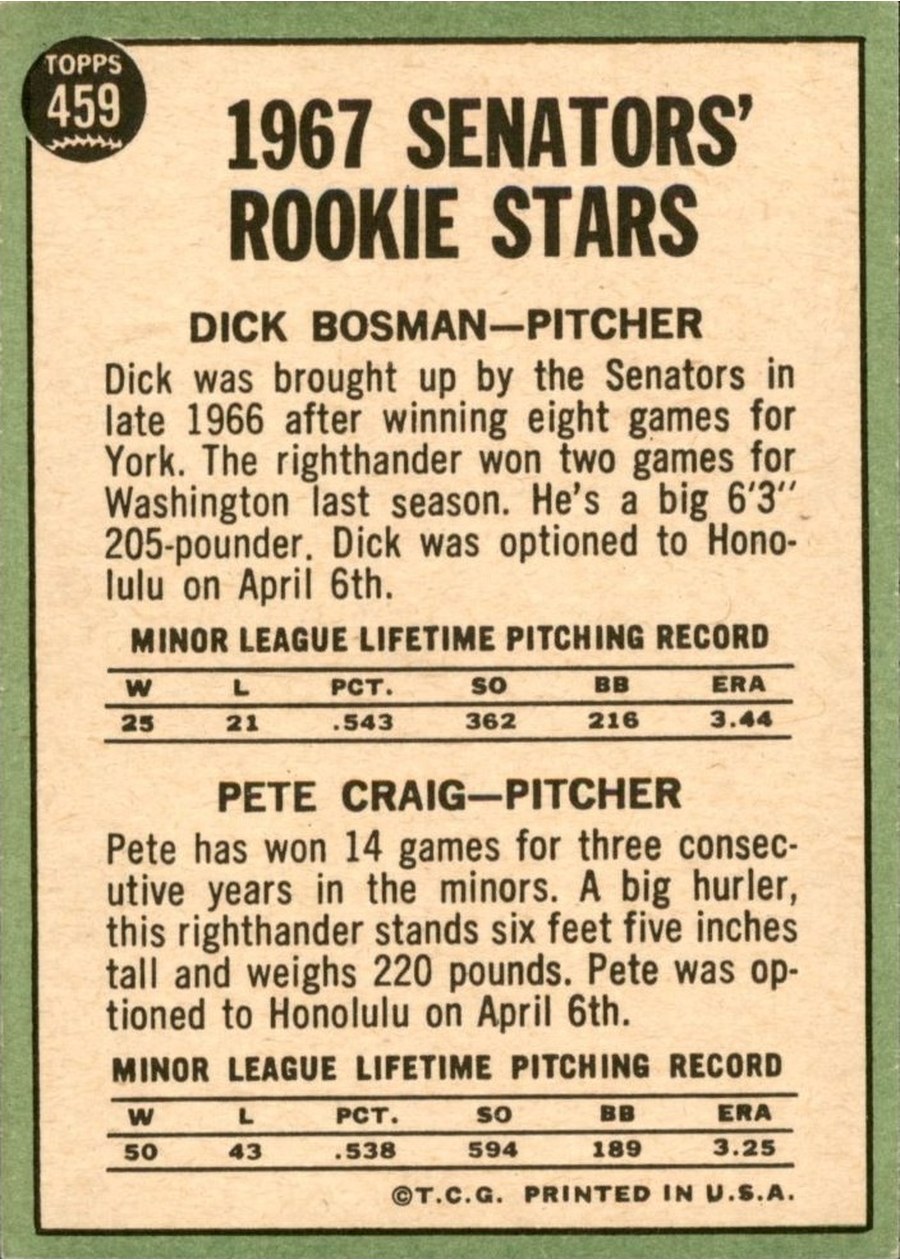 1967 Topps #459 Senators 1967 Rookie Stars card back