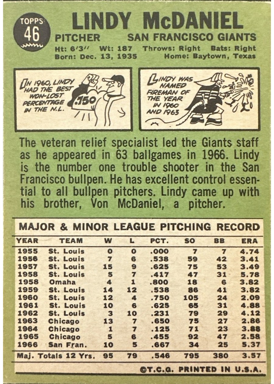 1967 Topps #46 Lindy McDaniel card back