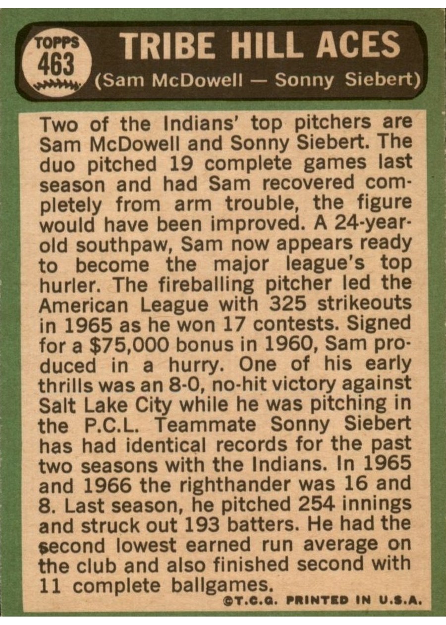 1967 Topps #463 Hill Aces card back