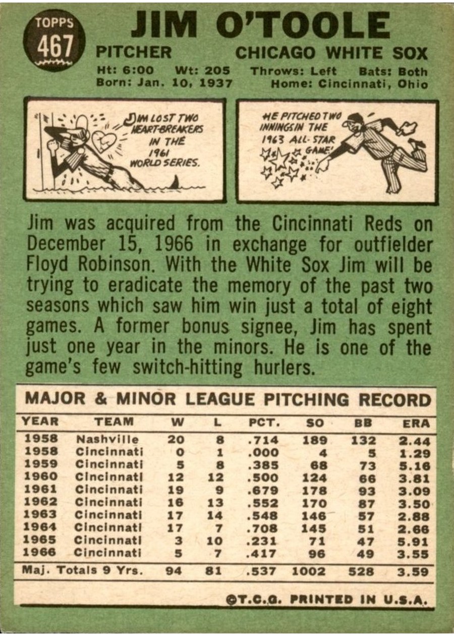 1967 Topps #467 Jim O'Toole card back