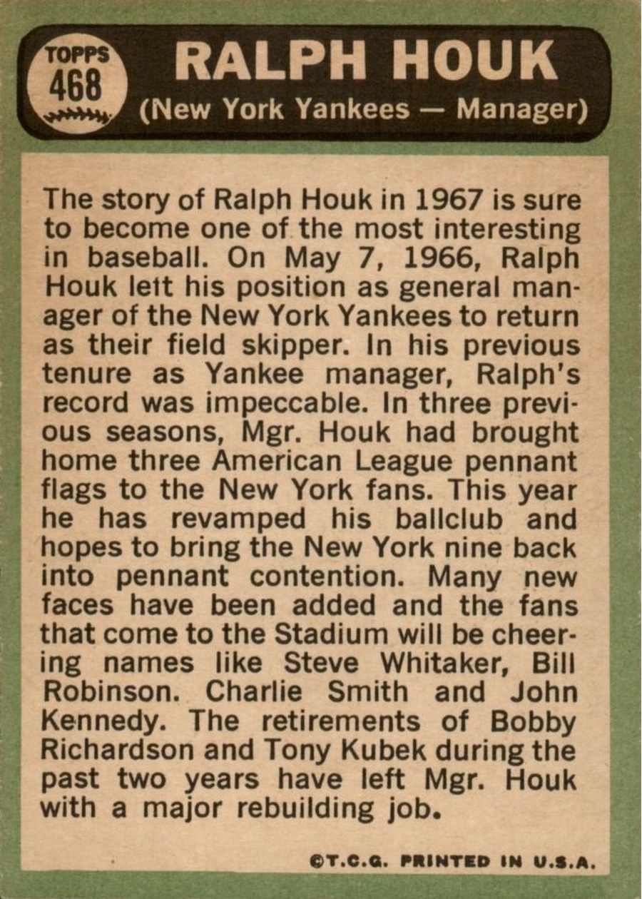 1967 Topps #468 Ralph Houk card back