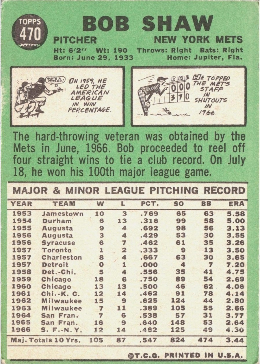 1967 Topps #470 Bob Shaw card back