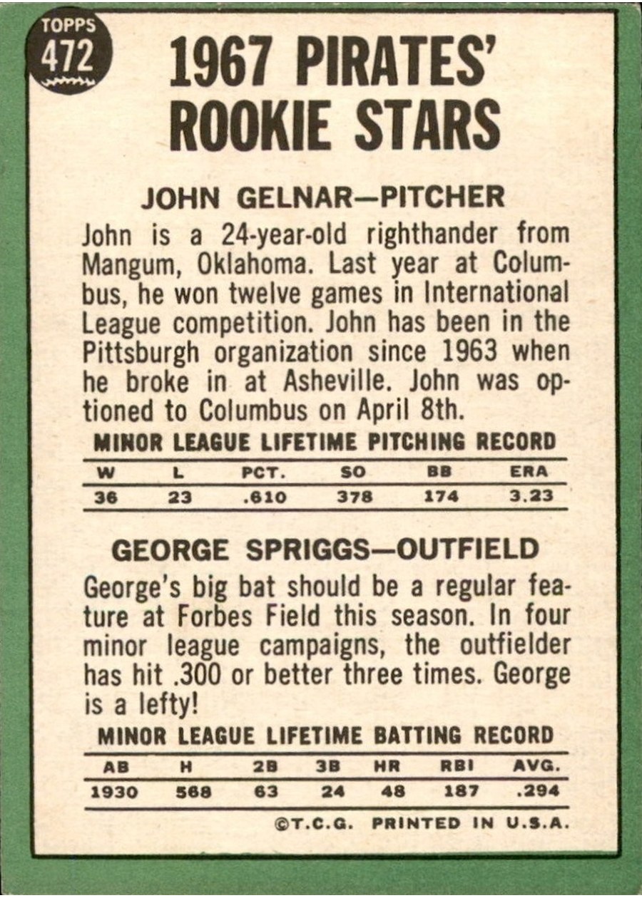 1967 Topps #472 Pirates 1967 Rookie Stars card back