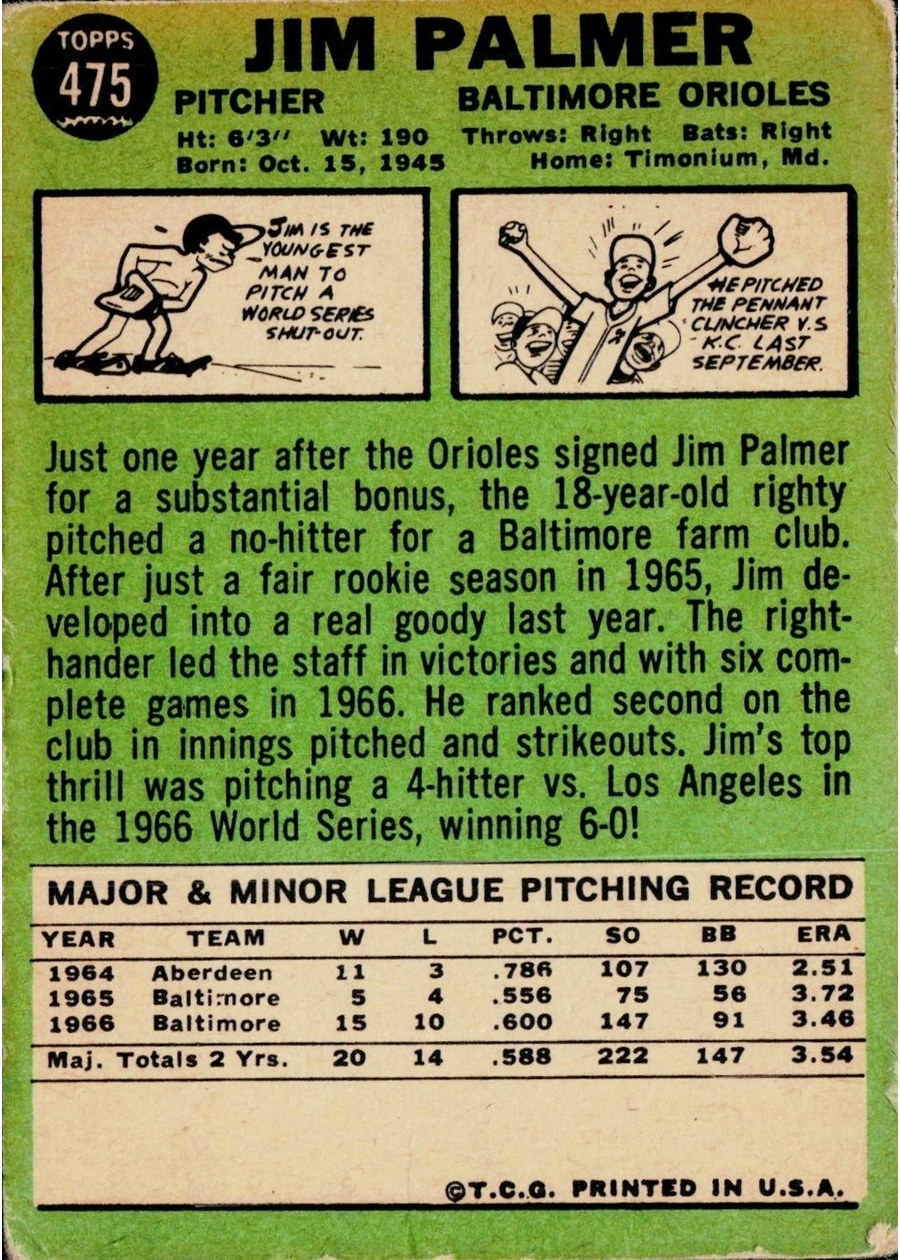 1967 Topps #475 Jim Palmer card back
