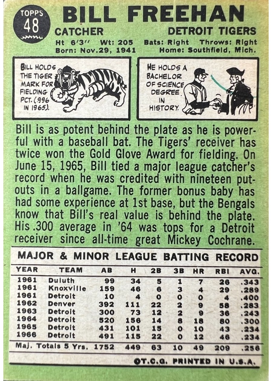 1967 Topps #48 Bill Freehan card back