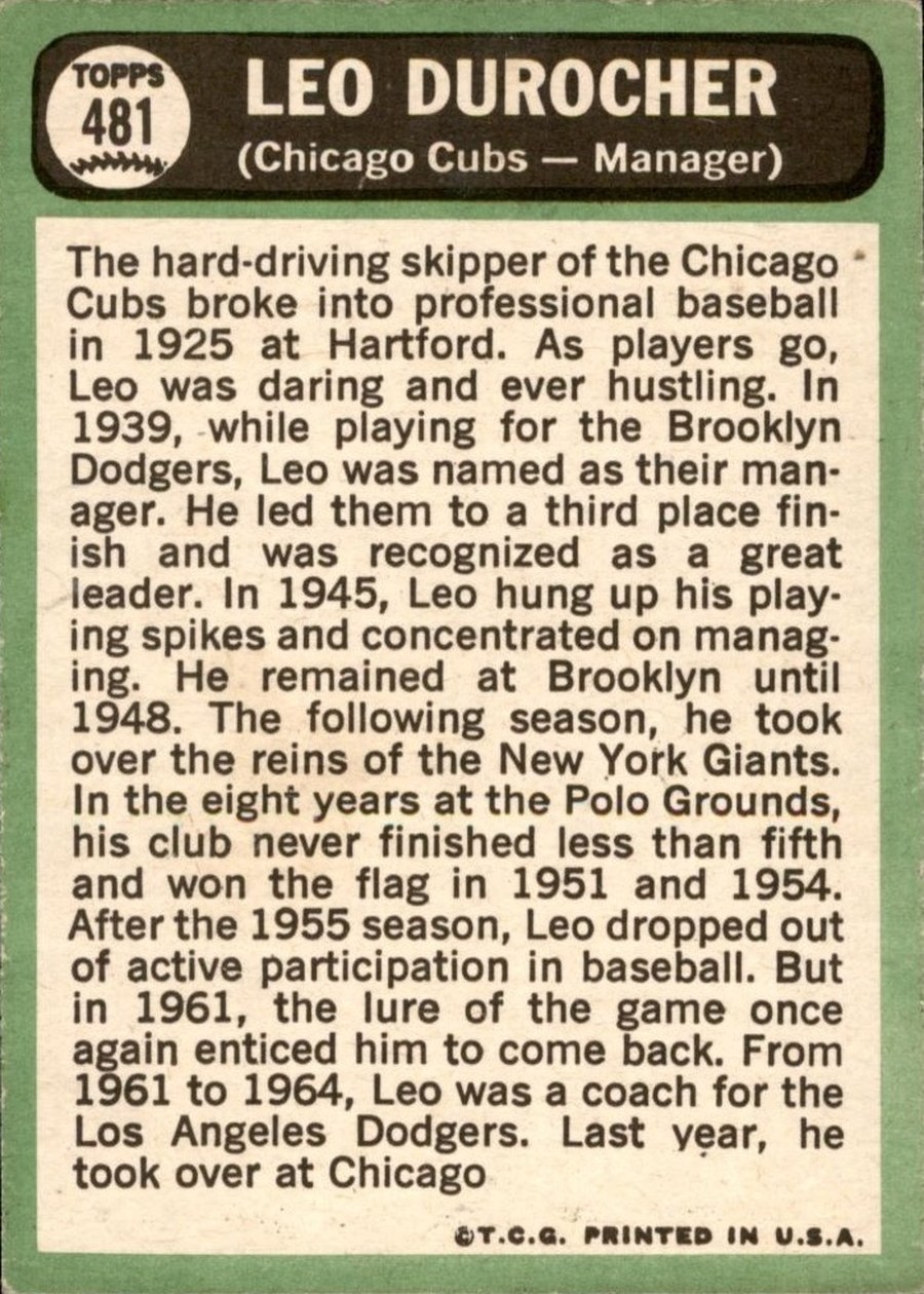 1967 Topps #481 Leo Durocher card back