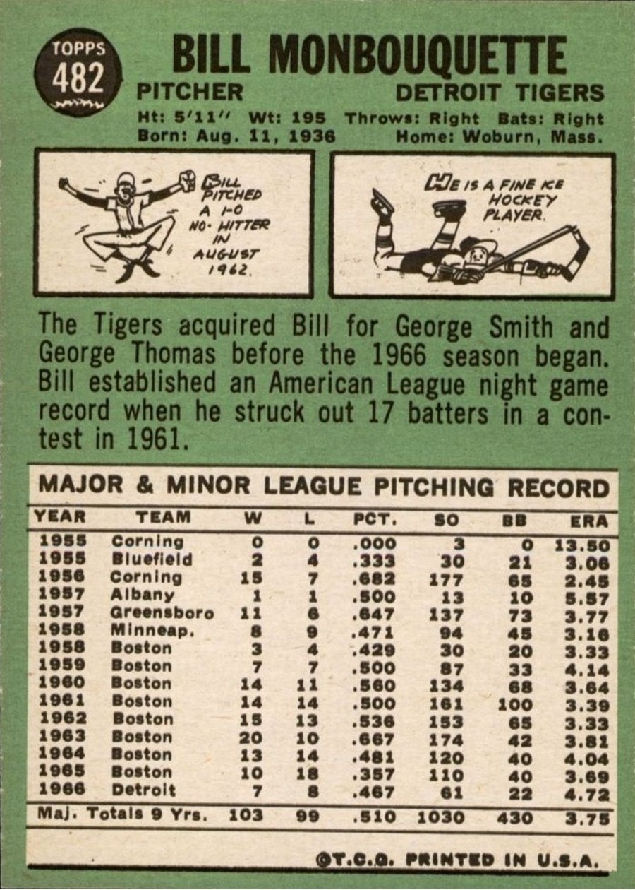 1967 Topps #482 Bill Monbouquette card back