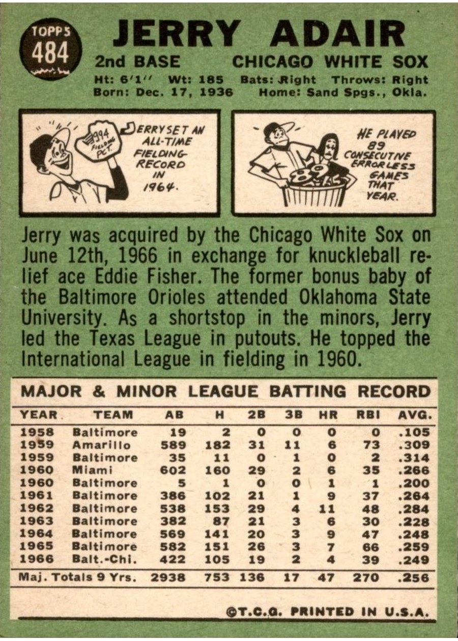 1967 Topps #484 Jerry Adair card back