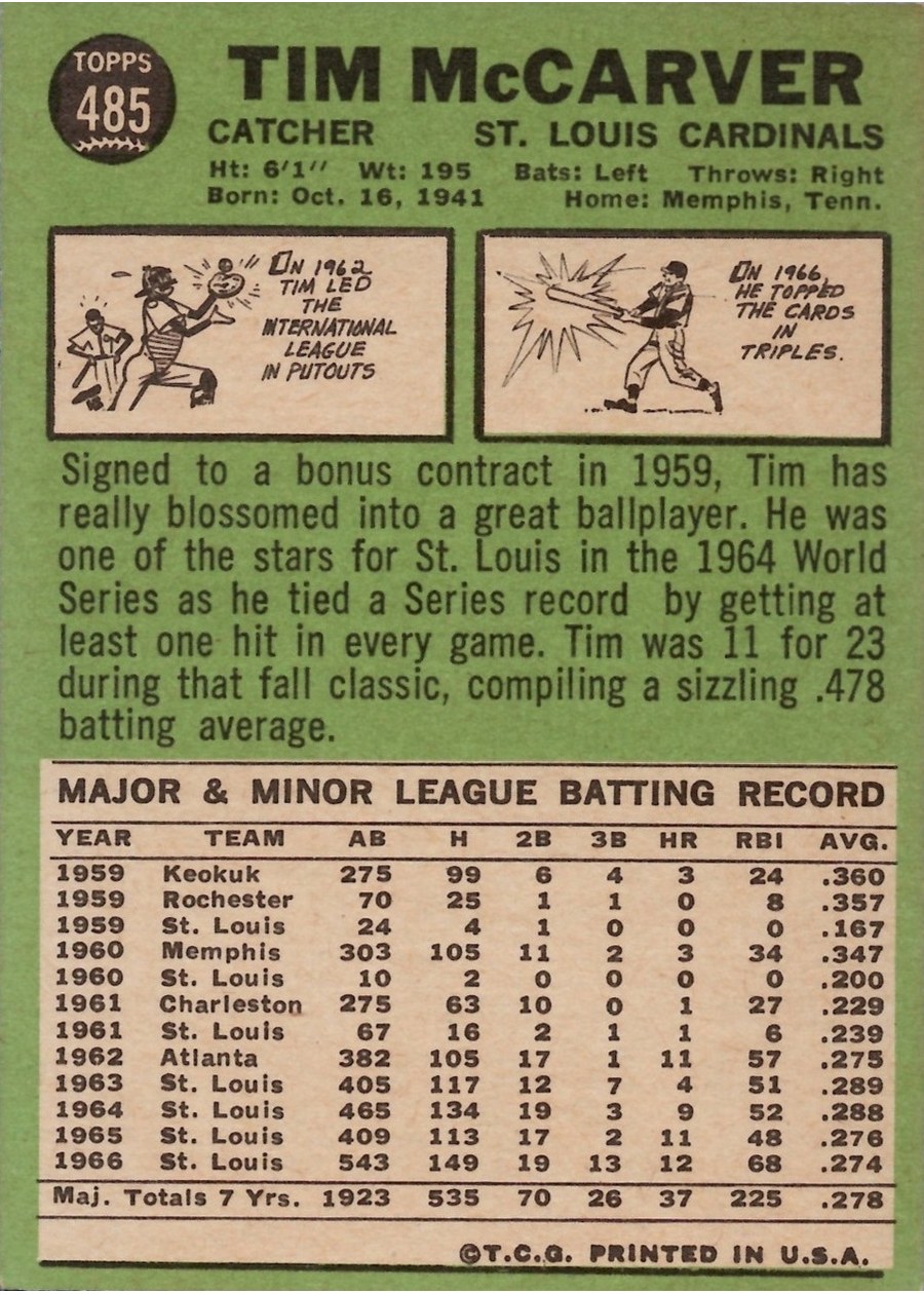 1967 Topps #485 Tim McCarver card back