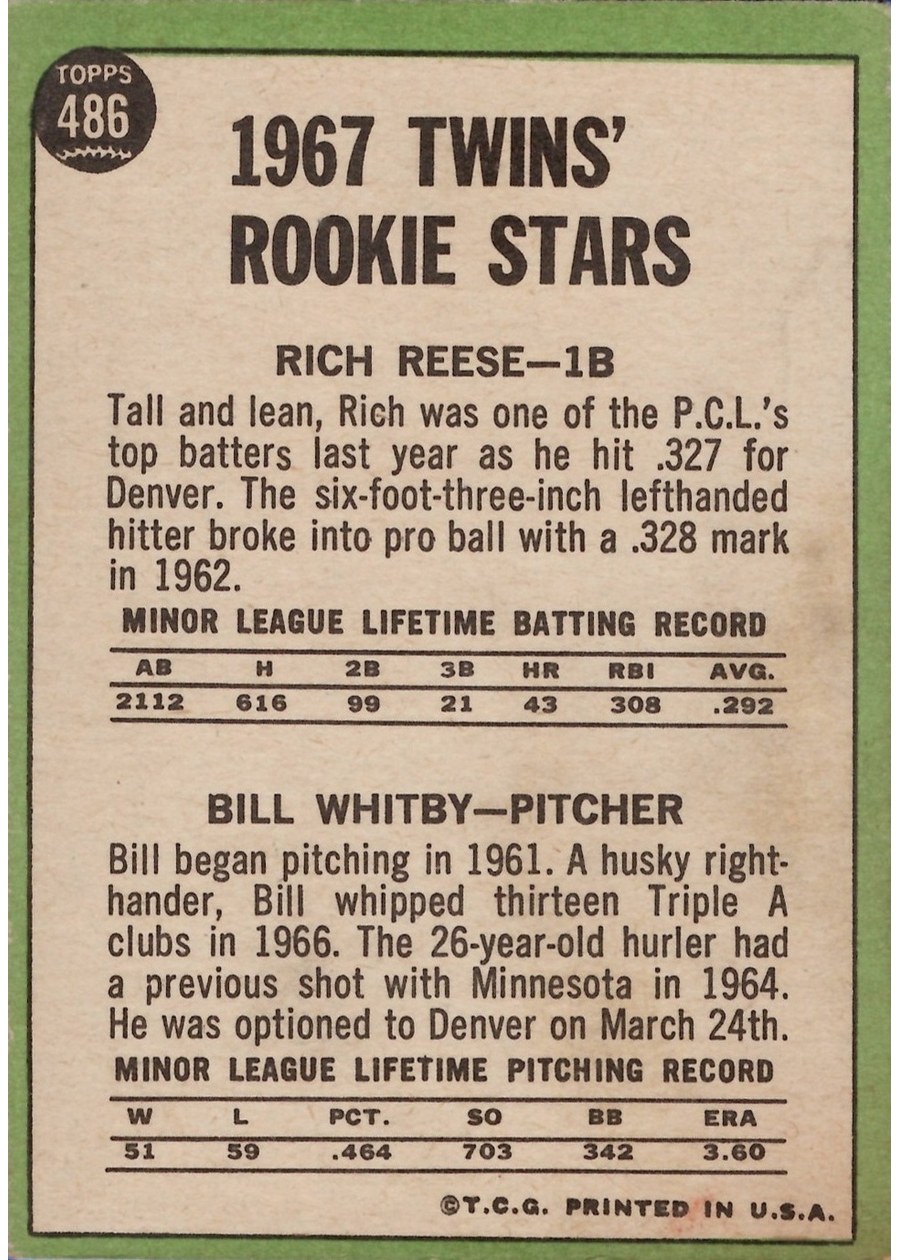 1967 Topps #486 Twins 1967 Rookie Stars card back