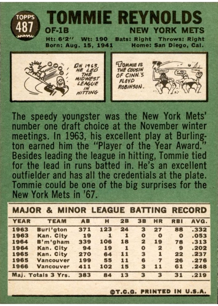 1967 Topps #487 Tom Reynolds card back