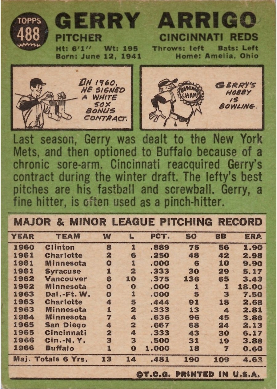 1967 Topps #488 Gerry Arrigo card back