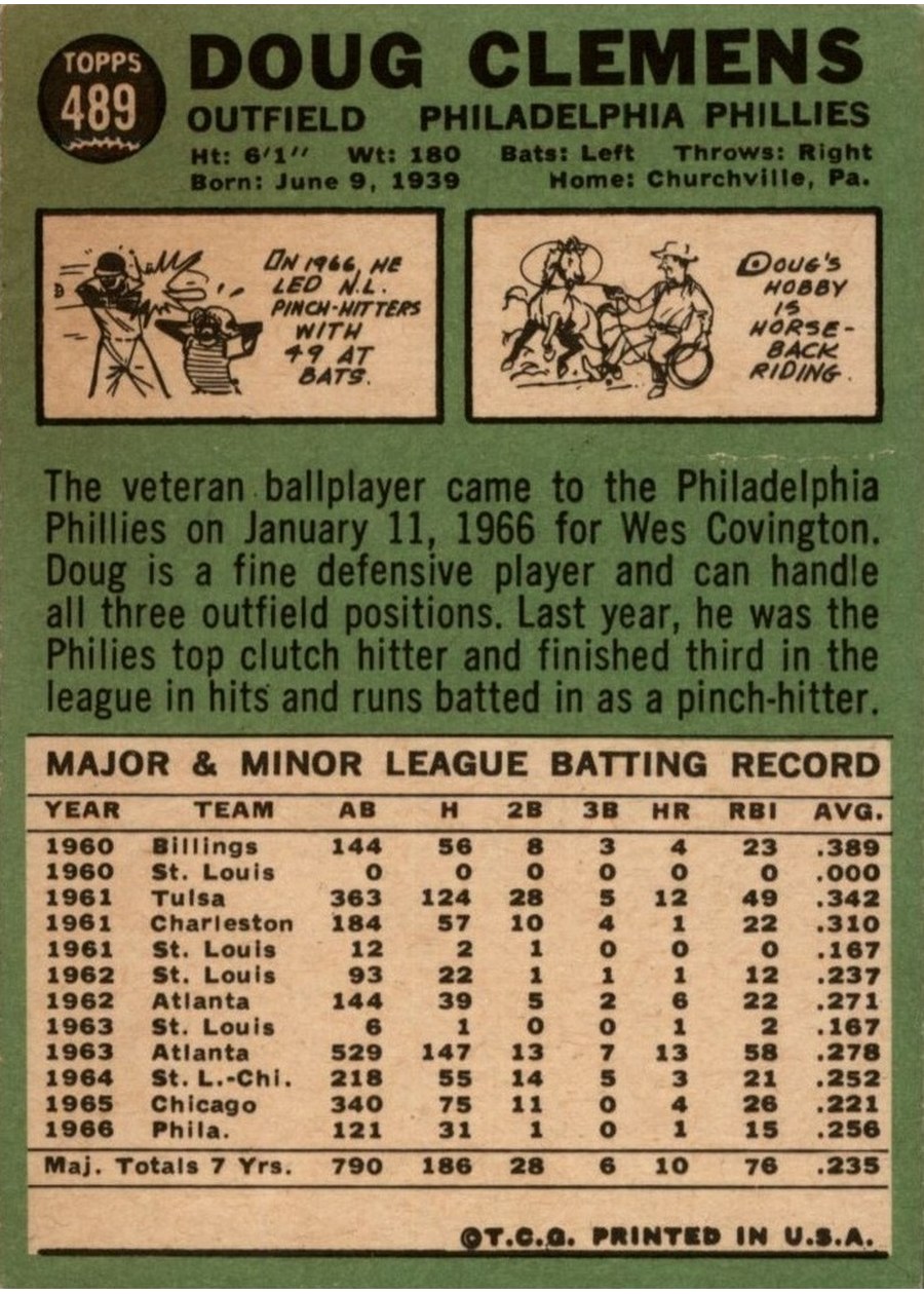 1967 Topps #489 Doug Clemens card back