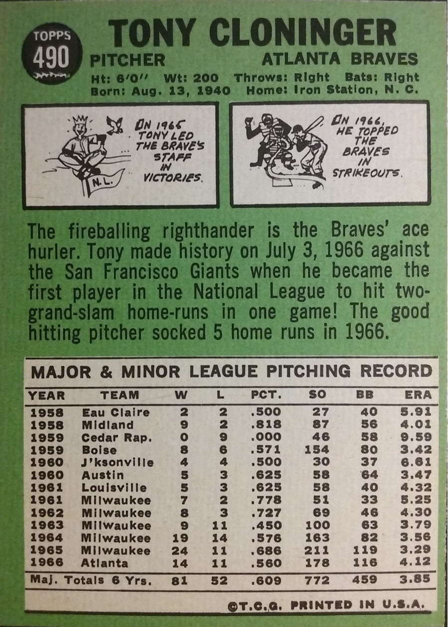 1967 Topps #490 Tony Cloninger card back