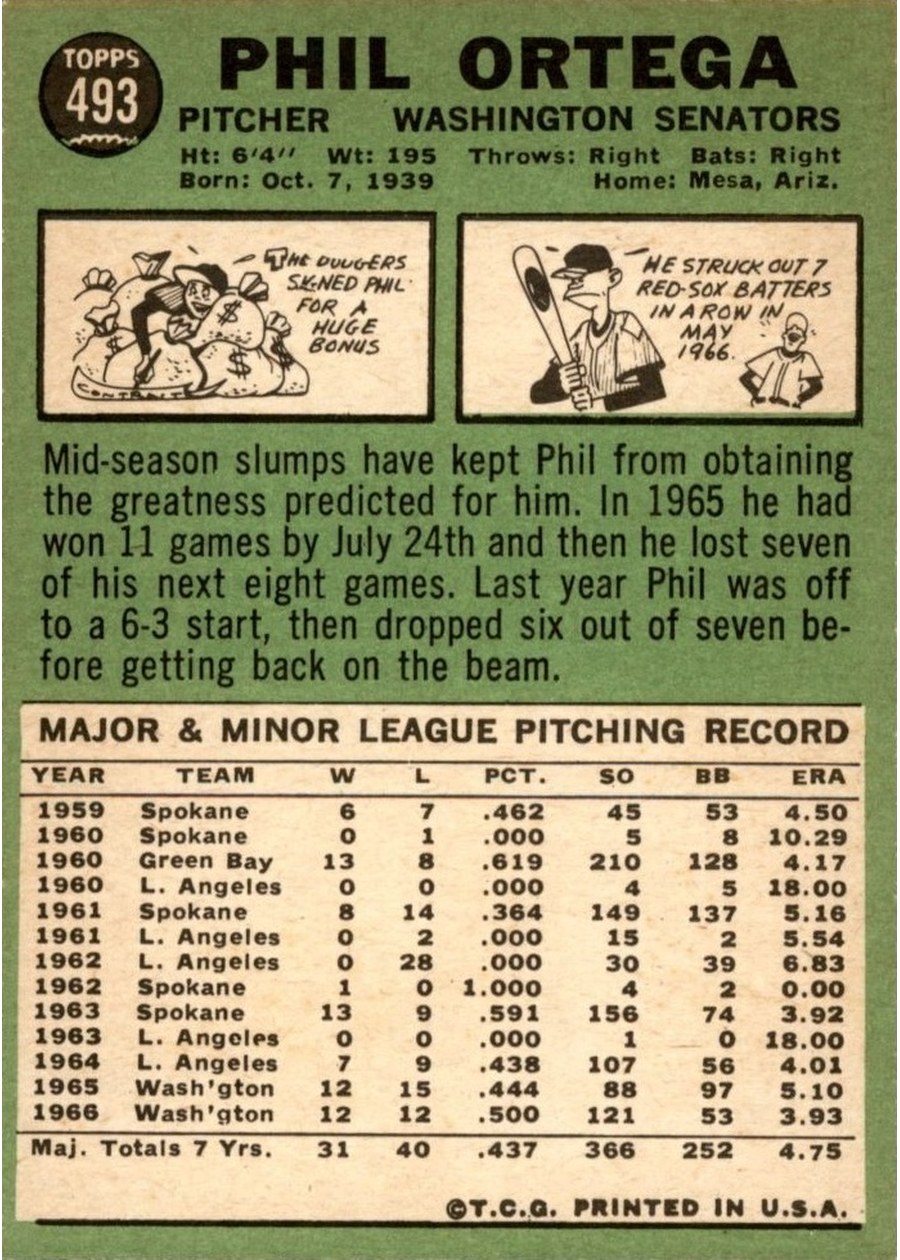 1967 Topps #493 Phil Ortega card back