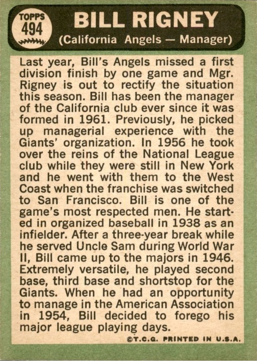 1967 Topps #494 Bill Rigney card back