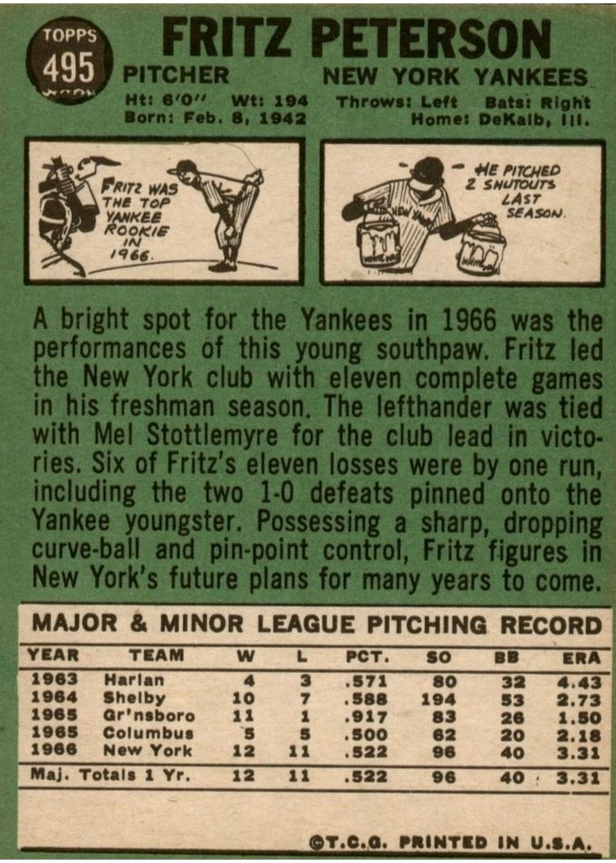 1967 Topps #495 Fritz Peterson card back