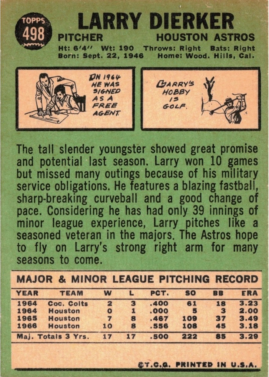 1967 Topps #498 Larry Dierker card back